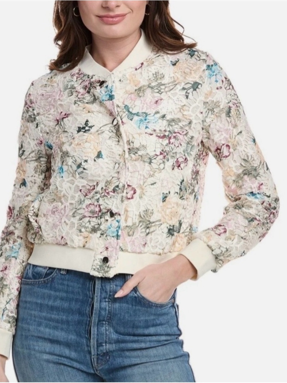 Nanette Lepore Floral Lace Bomber Jacket - Cream Multi